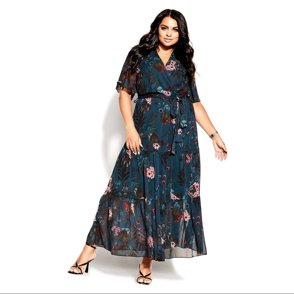 City Chic Maxi Dress Botanica Peacock Teal Blue Ruffle Flutter Sleeve